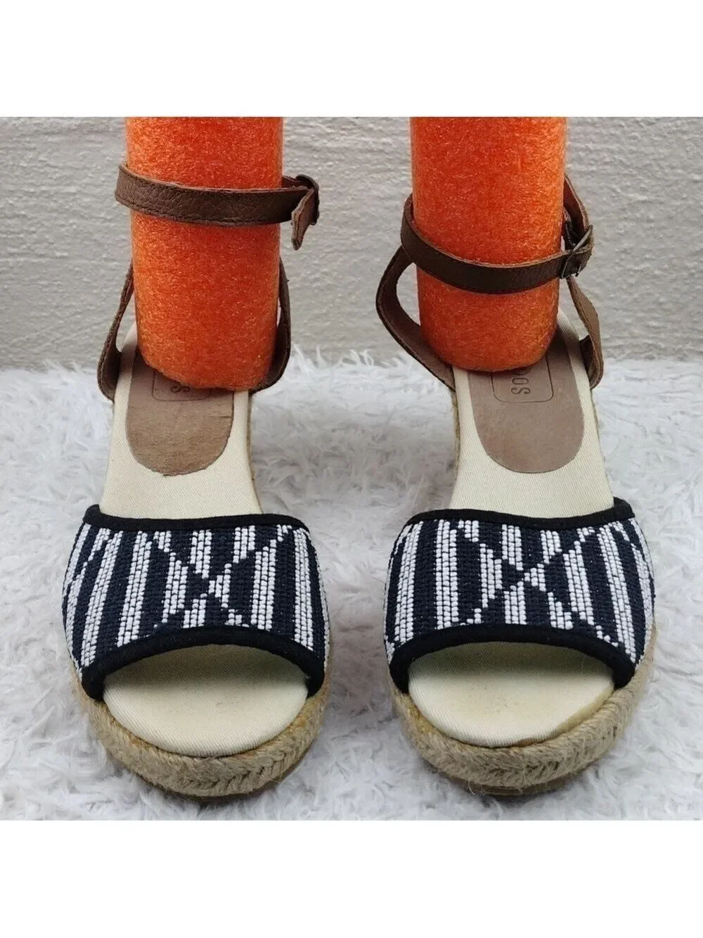 Soludos Tan Blue Embroidered Open Toe Wedged Heel Ankle Strap Espadrille Sandal
